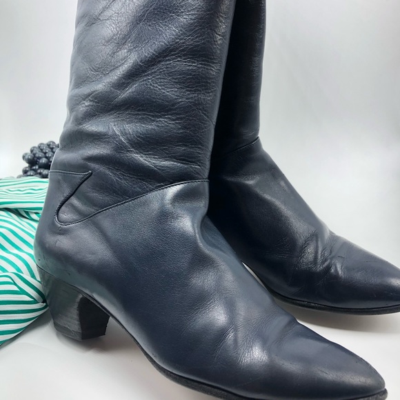 Hana Mackler Shoes - Vintage tall navy blue leather heeled boots